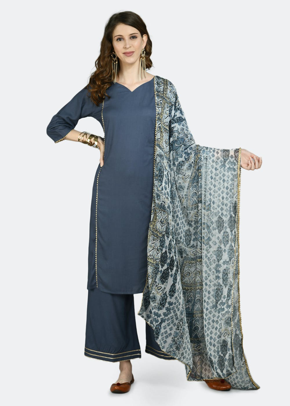 Black - Pochampally Ikat Cotton Kurta with Palazzo & Dupatta Set