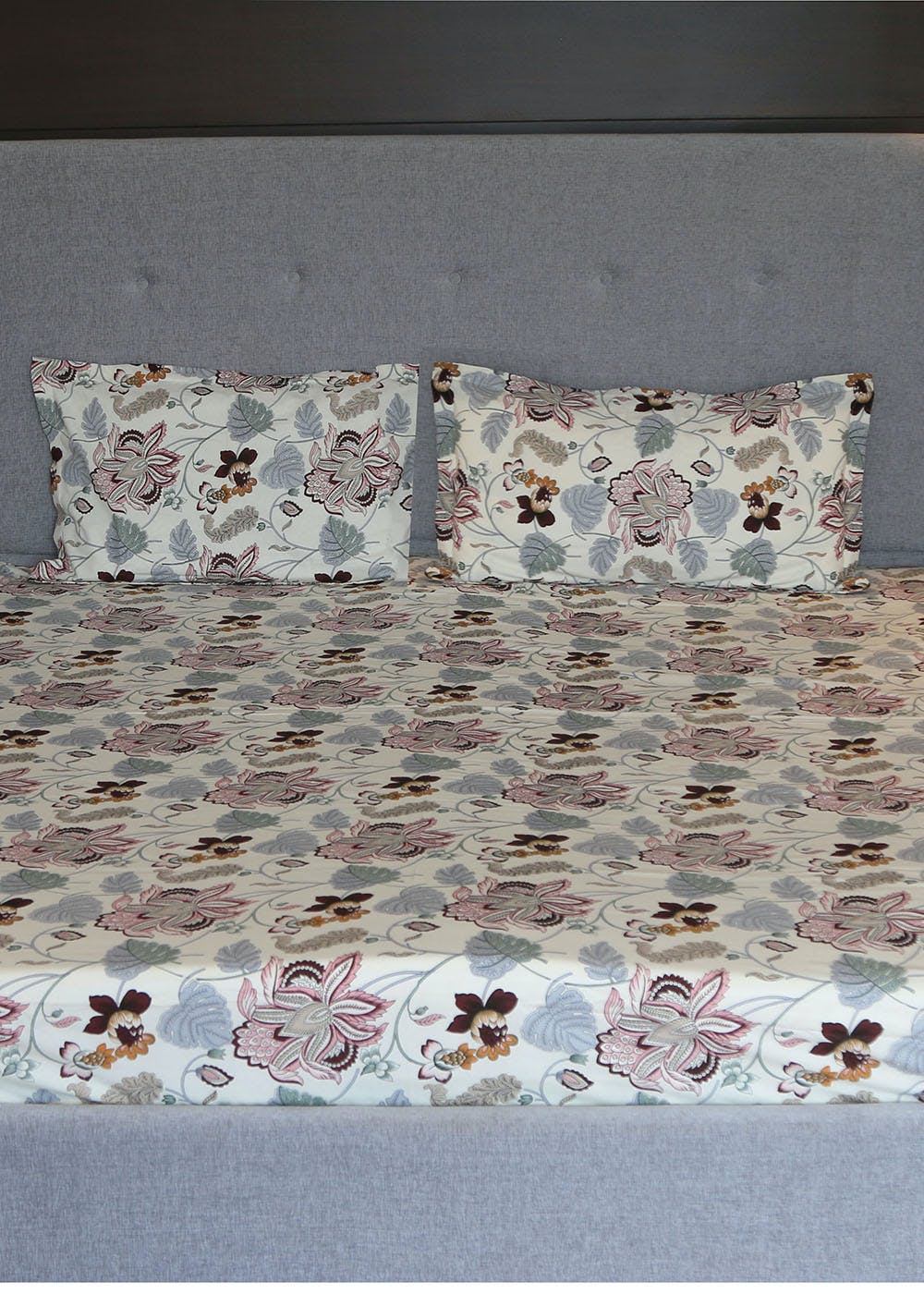 Naaz Fine Cotton Floral Bedsheet With 2 Pillow Covers - King Size Or 90 X 108 Inch, Off White, Pink & Grey