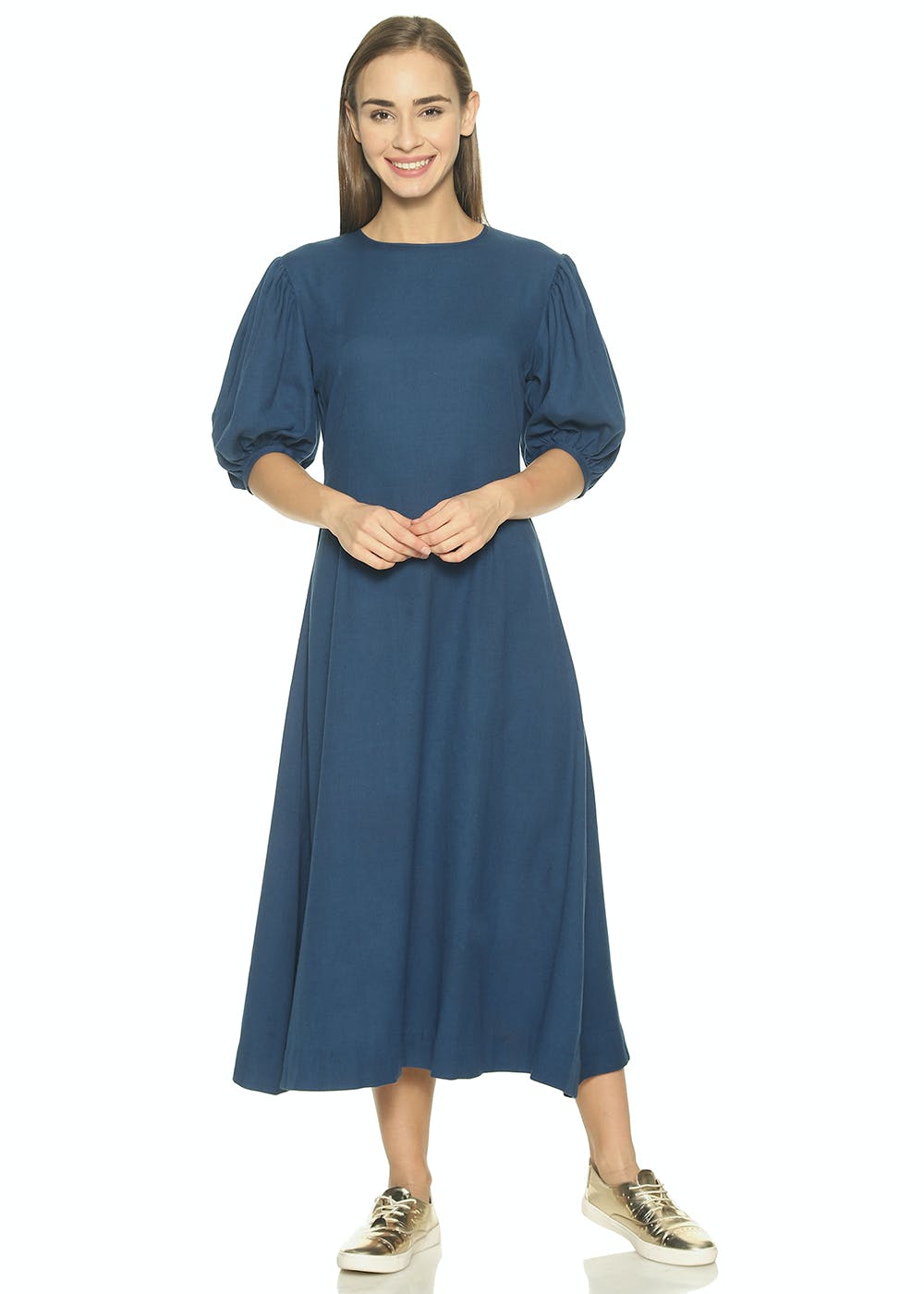 Get Navy Blue Puffed Sleeves Flared Dress at ₹ 2660 | LBB Shop