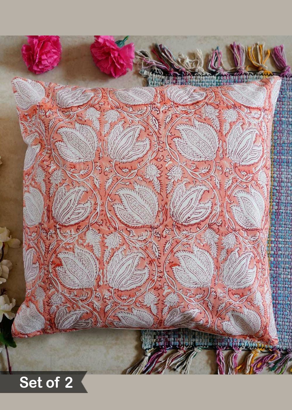 Get Orange and White Jaipuri Cushion Cover Set of 2 at ₹ 598 LBB Shop