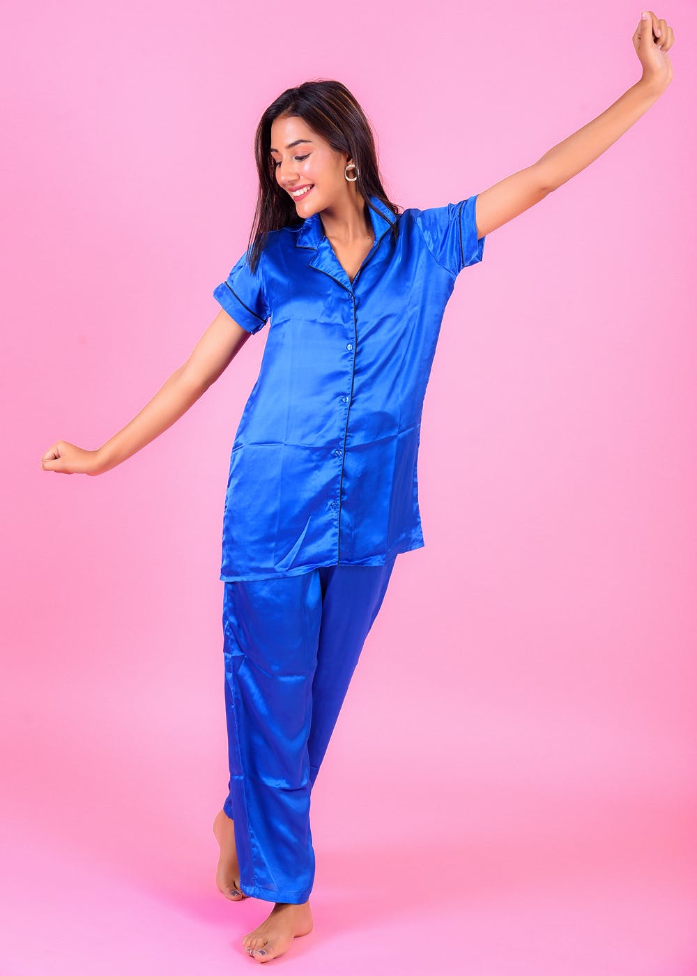 Blue Satin Notched Collar Pyjama Set
