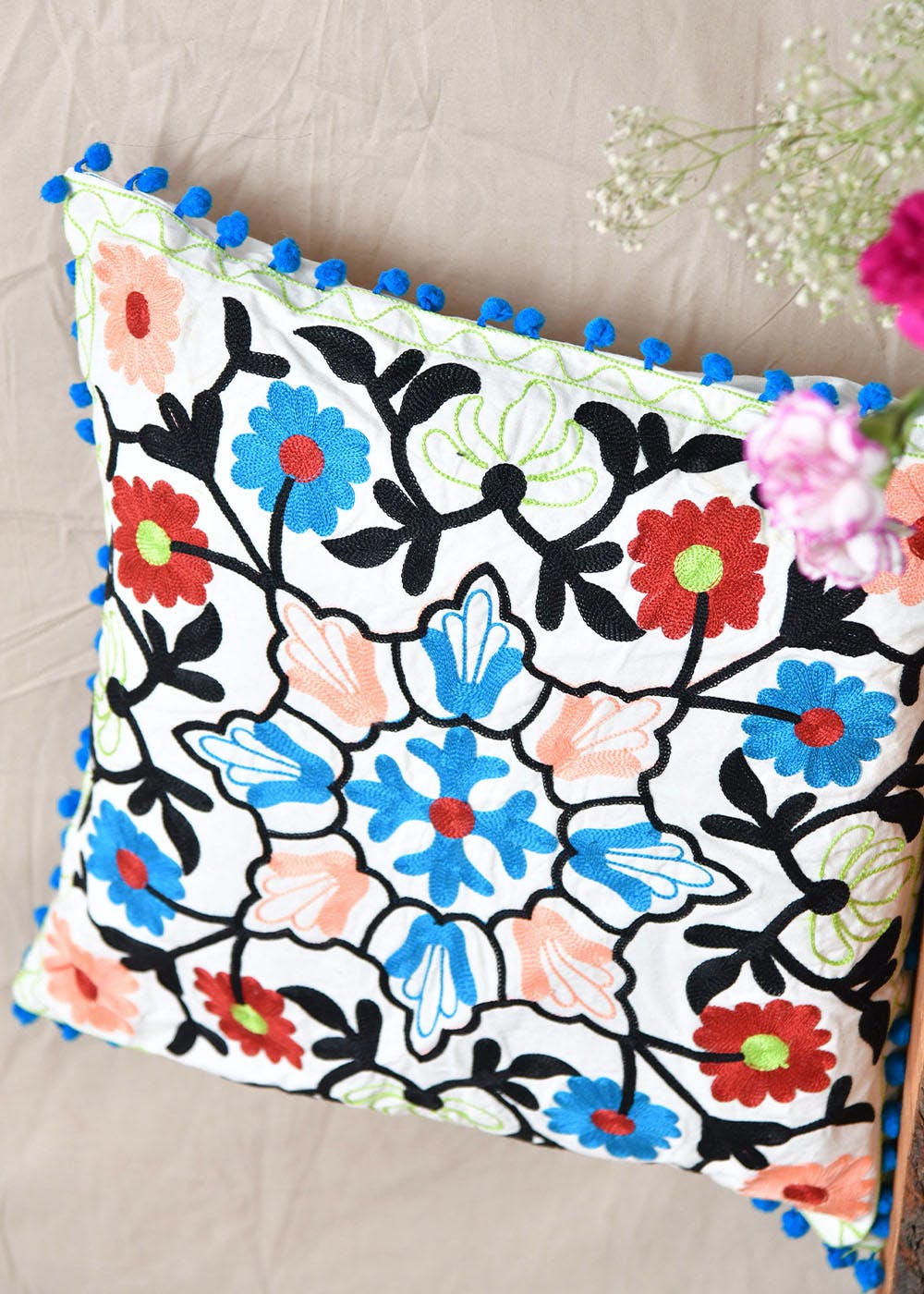 Get Multicolor Floral Embroidered Cushion with Filler at ₹ 1200 LBB Shop