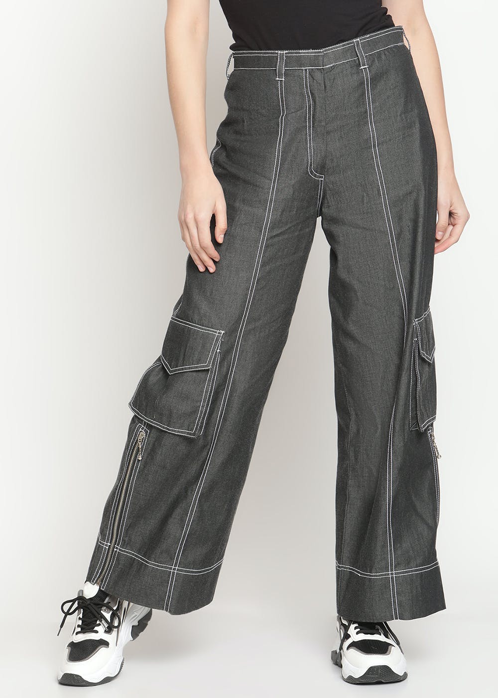 Women's Black Cargo Pants With White Detail Stitching – Luxxe Apparel