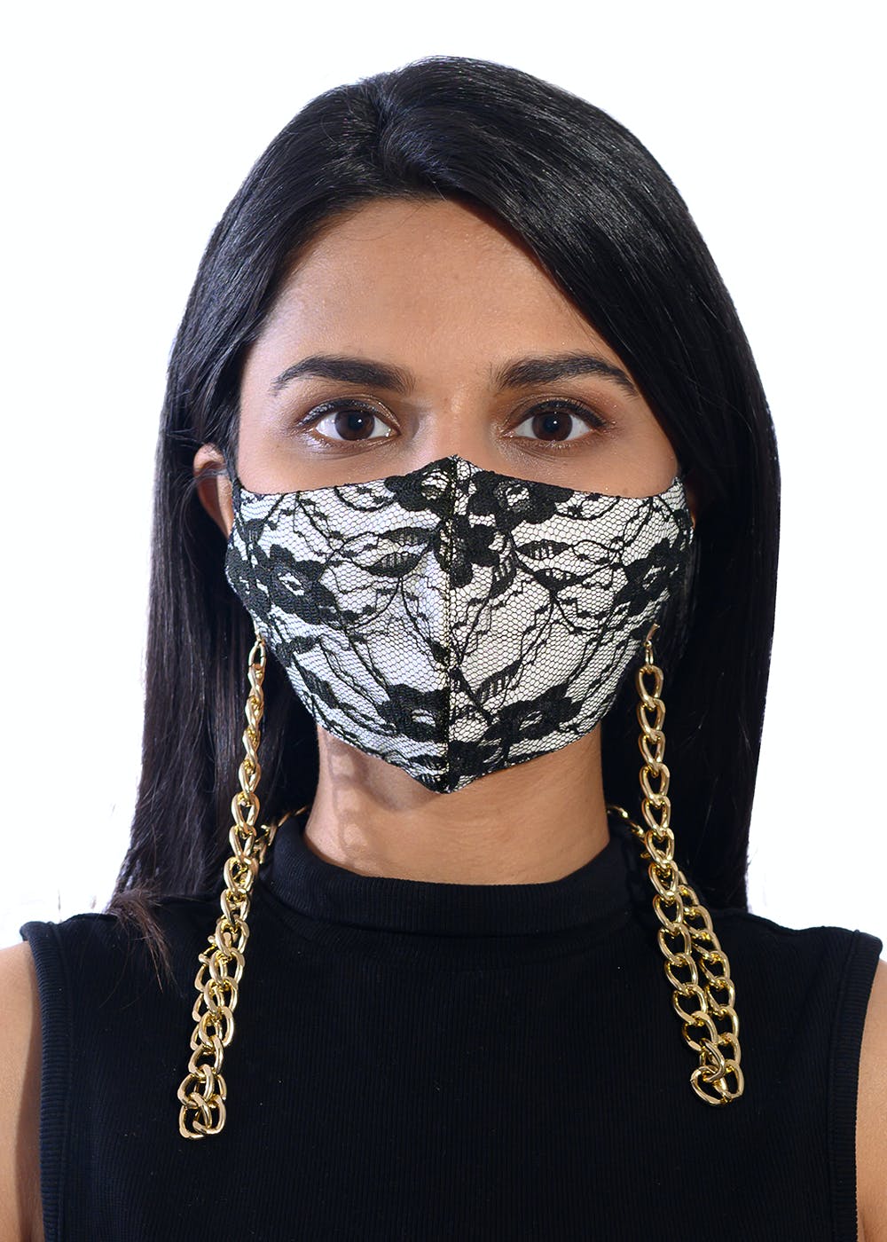 Black And White Luxurious Washable Lace Mask With Detachable Chain
