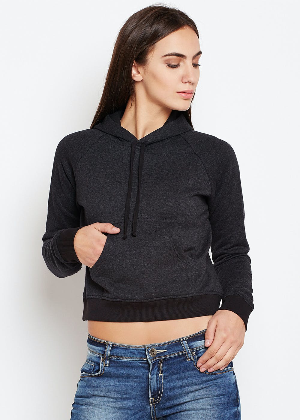 Get Solid Charcoal Crop Hoodie at ₹ 898 | LBB Shop