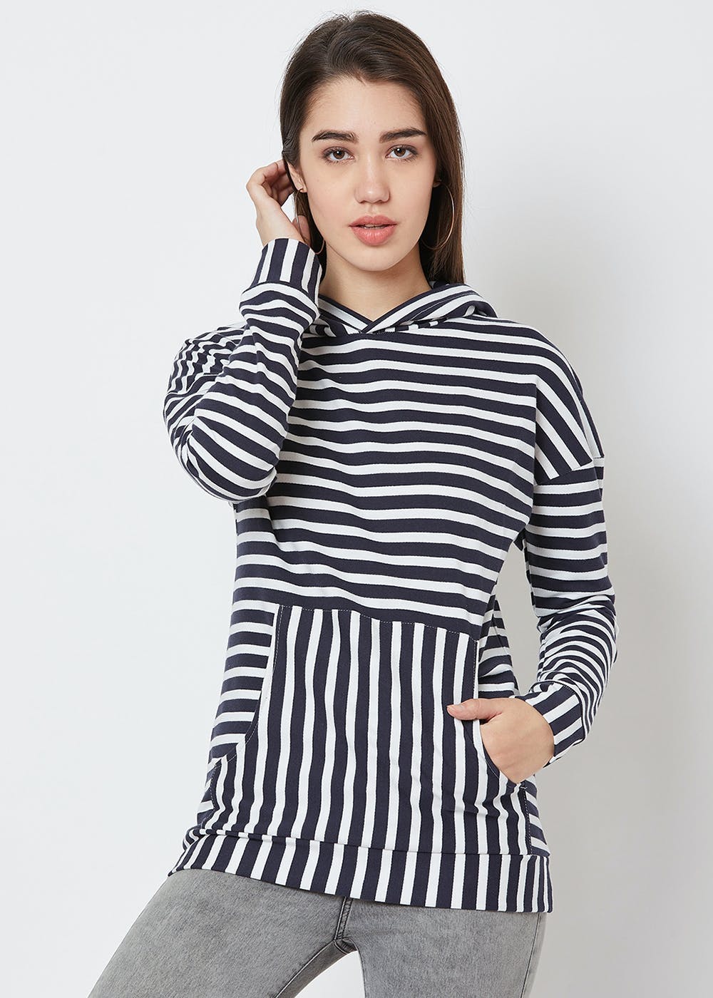 Pure Amici Navy and White Stripe Hoodie Sweater with Navy Shell main image 1