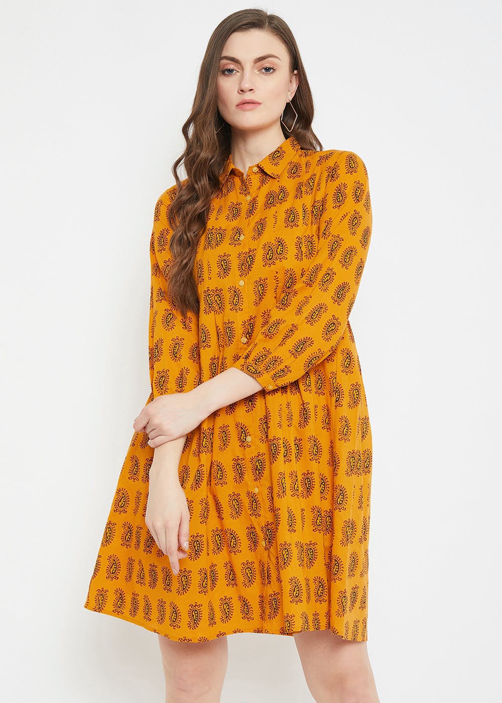 Get Cuffed Sleeve Detail Mustard Paisley Printed ALine Dress at ₹ 1995