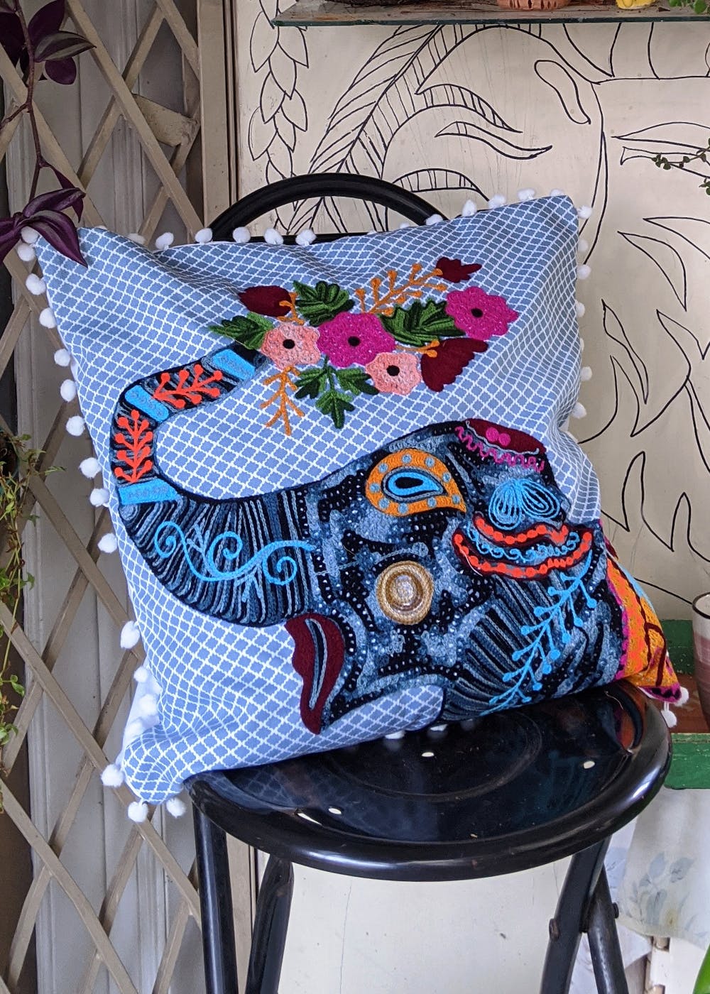 Bohemian Elephant -  Embroidered Cotton Cushion Cover (40x40cm)