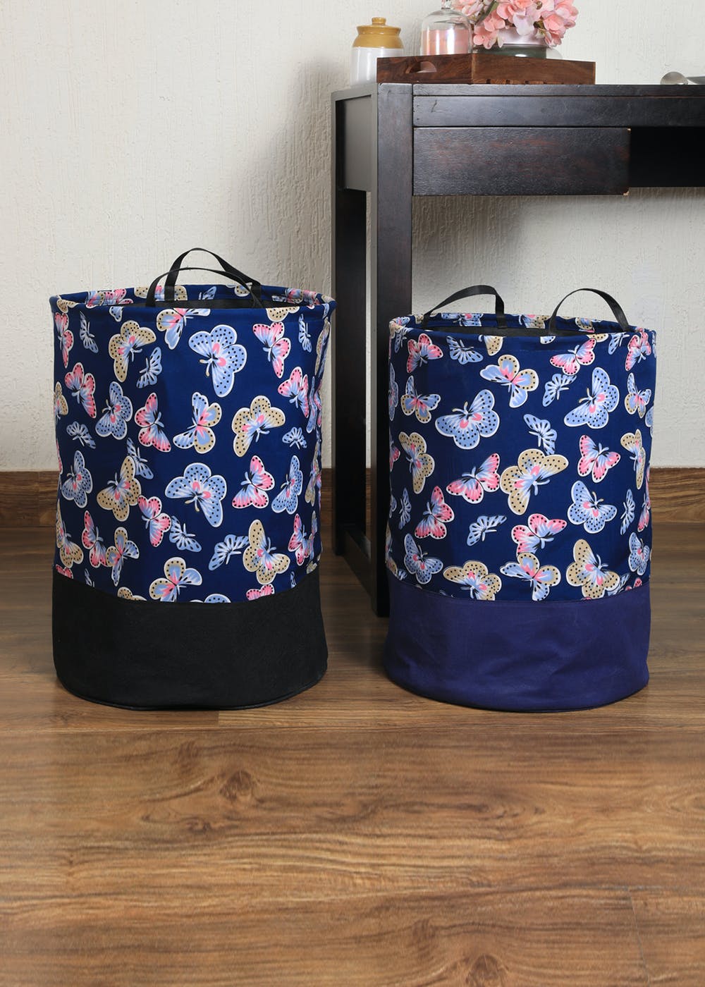 Get Multi Colour Butterfly Printed Round Laundry Hamper Set of 2 at