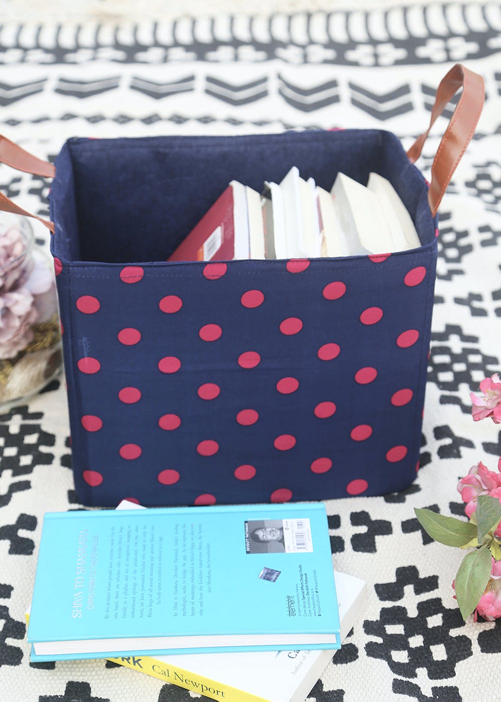 Get Navy Polka Dot Print Cute Storage Bin With 2 Side Handles For