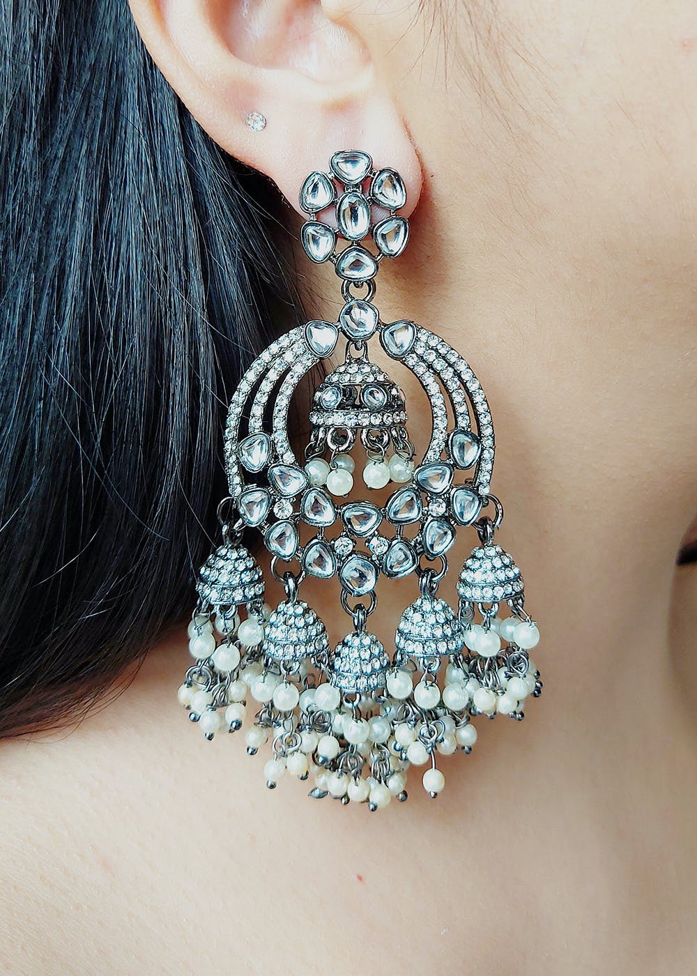 Get Oxidised Silver Plated Pearl & Stone Traditioinal Chandbali Earring ...