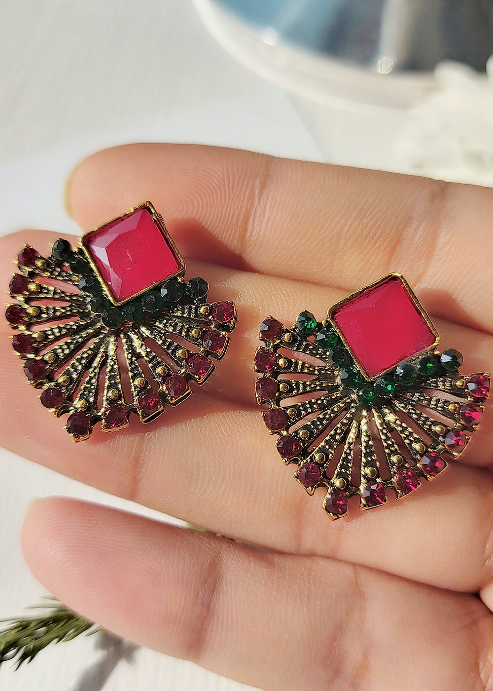 Buy Elegant Green Stone Flower Design Gold Plated Stud Earrings Online