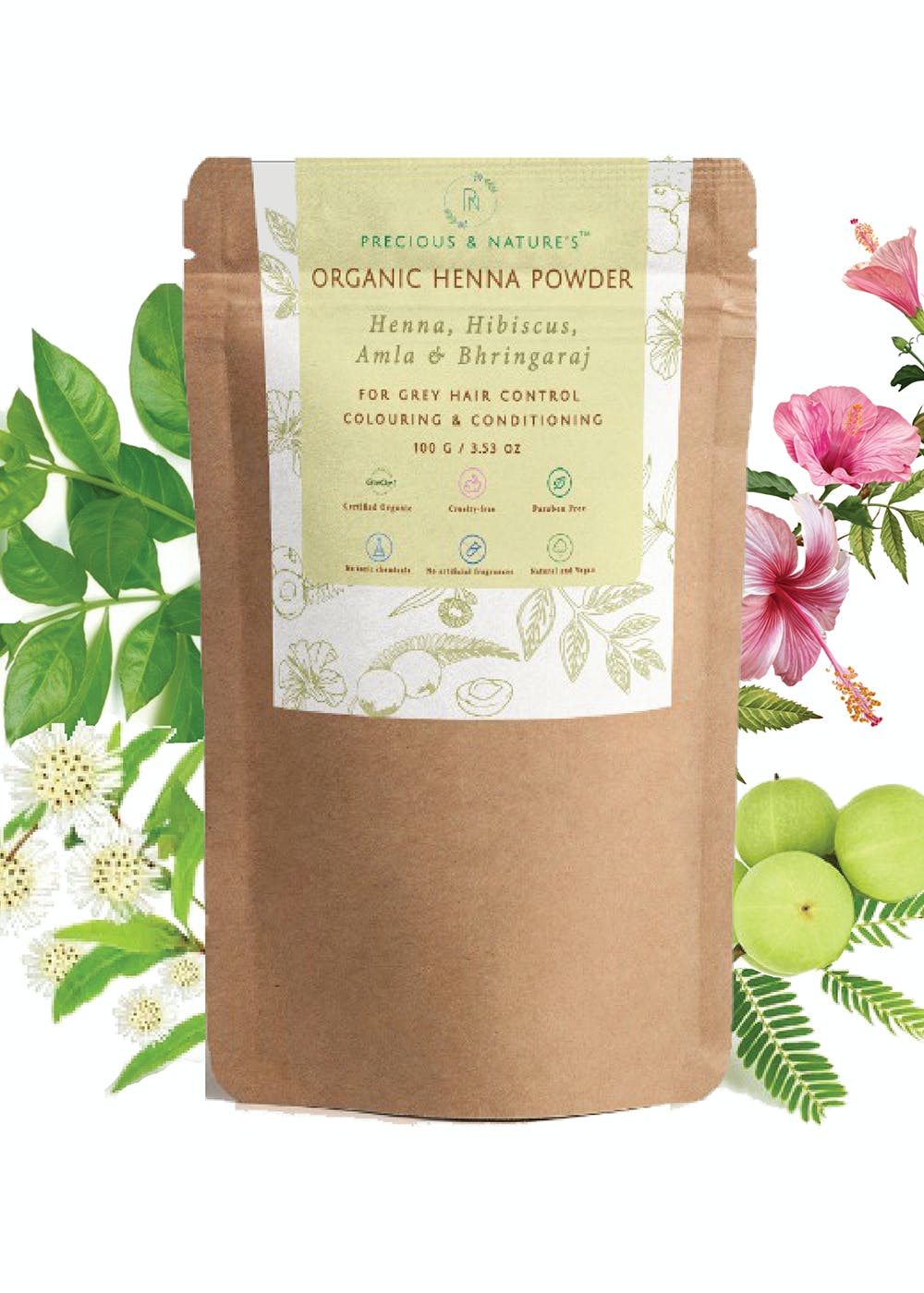 Henna, Hibiscus, Amla & Bhringaraj Certified Organic Henna Powder (200g)