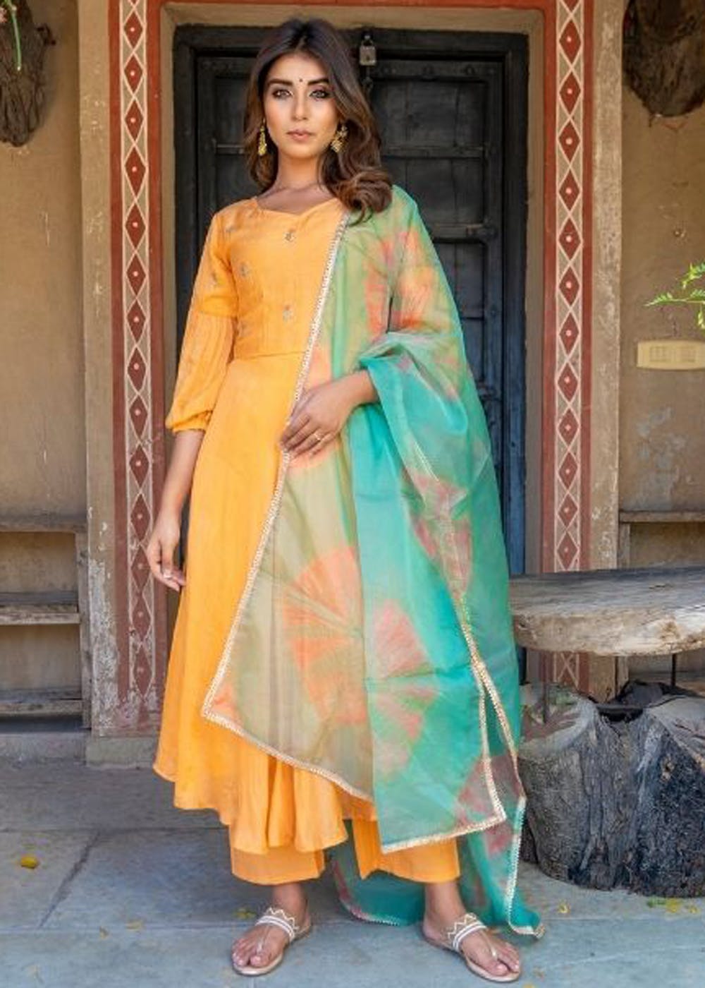 Jaipur Kurti Orange Chanderi Embroidered Kurta With Trousers And Chiff –  jaipurkurtius