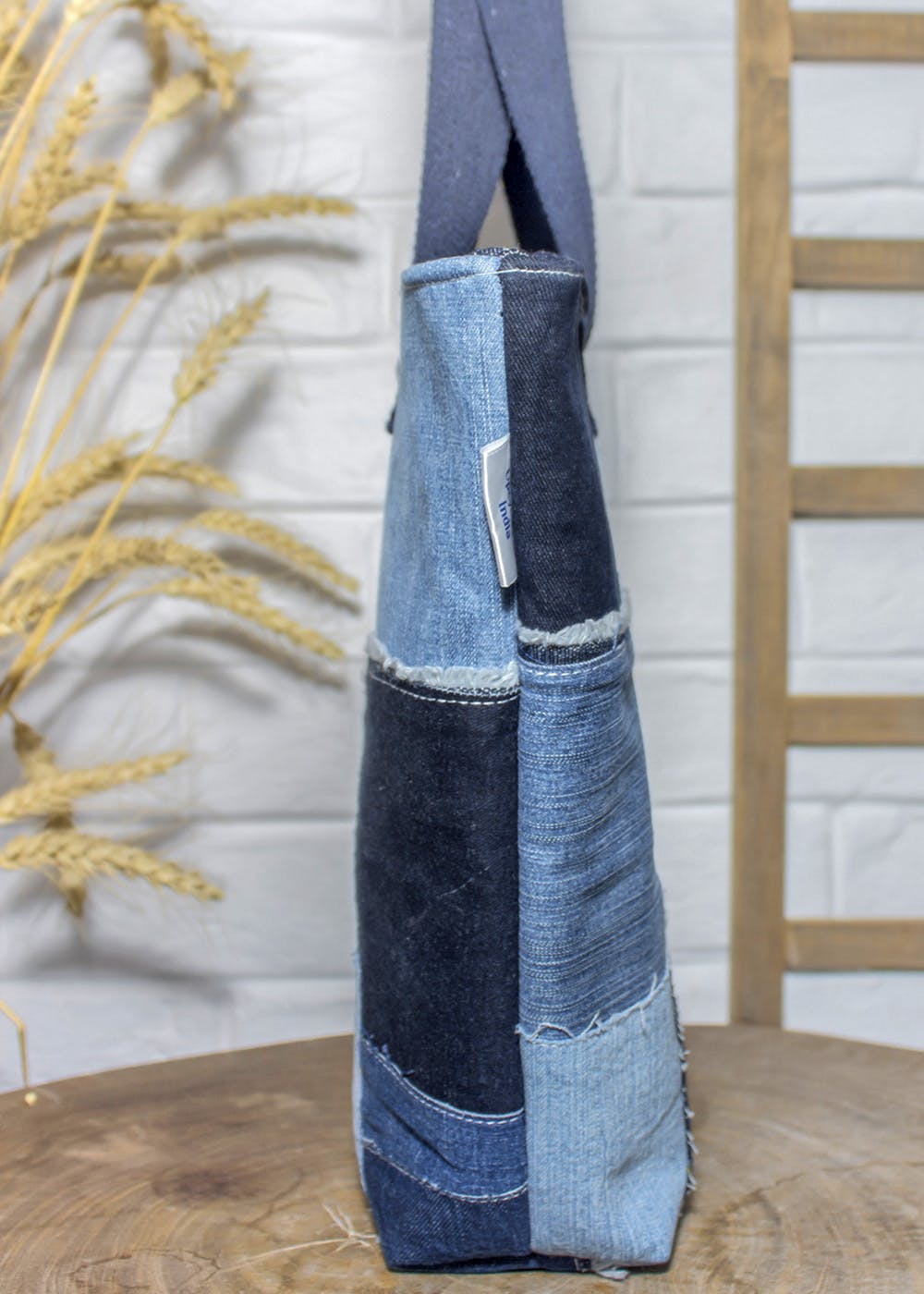Get Handcrafted Denim Jeans Blue Shaded Frayed Tote Bag at ₹ 1499