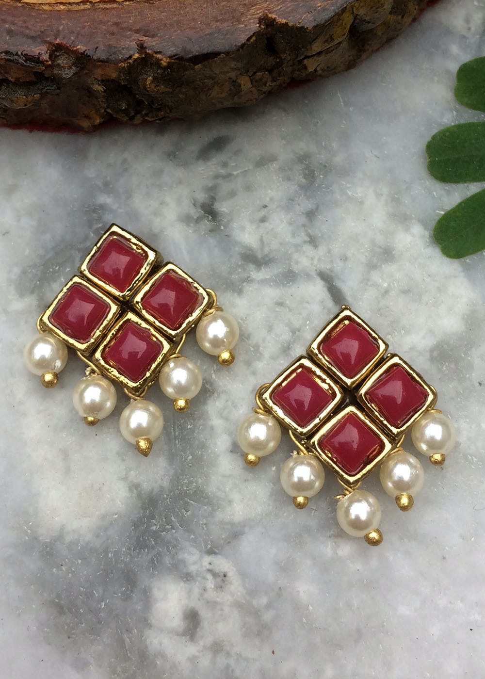 Red Stone Leaf Stud Earrings  Mugdha Jewellery