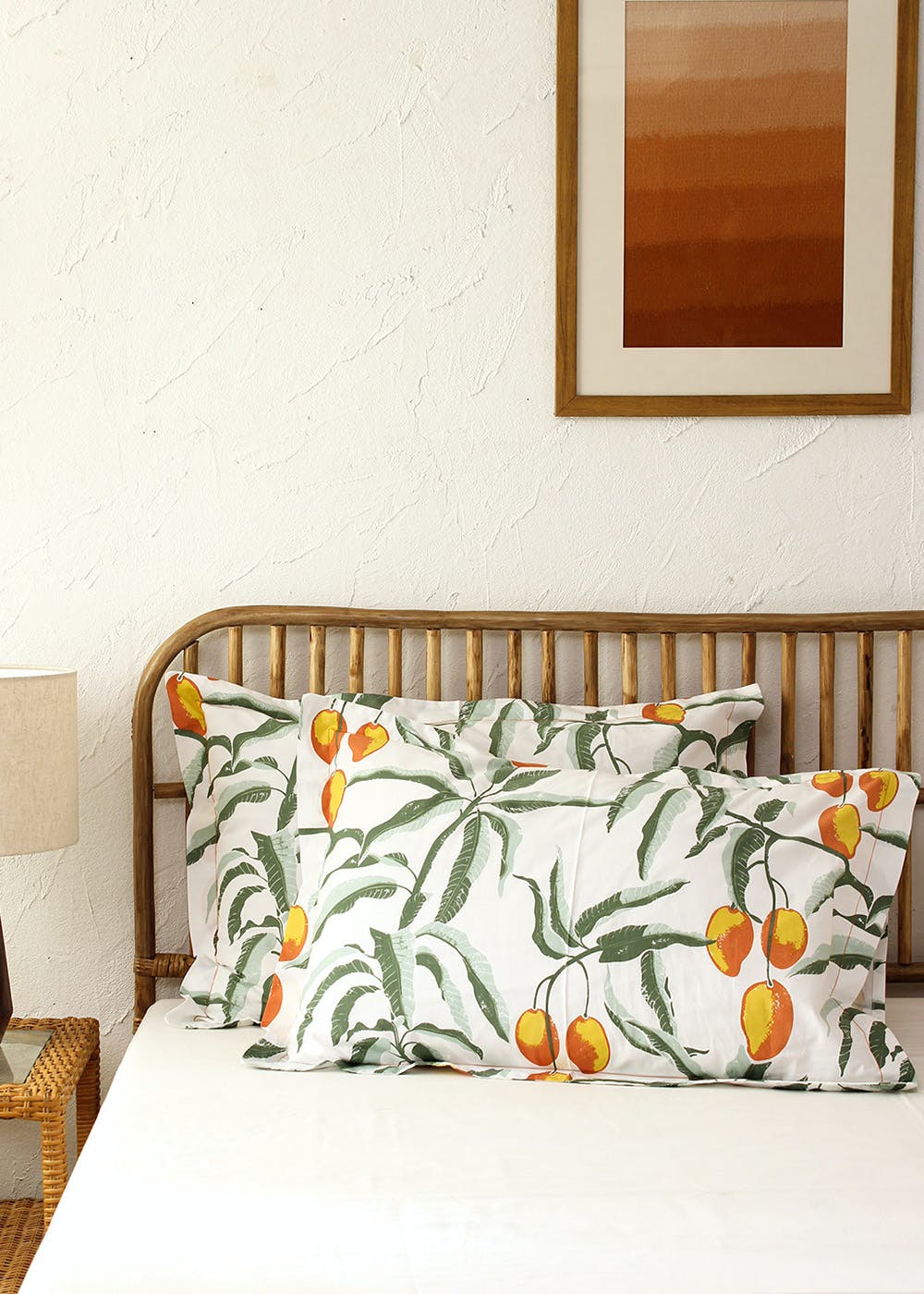 Mango Printed White Pillow Cover - Set of 2