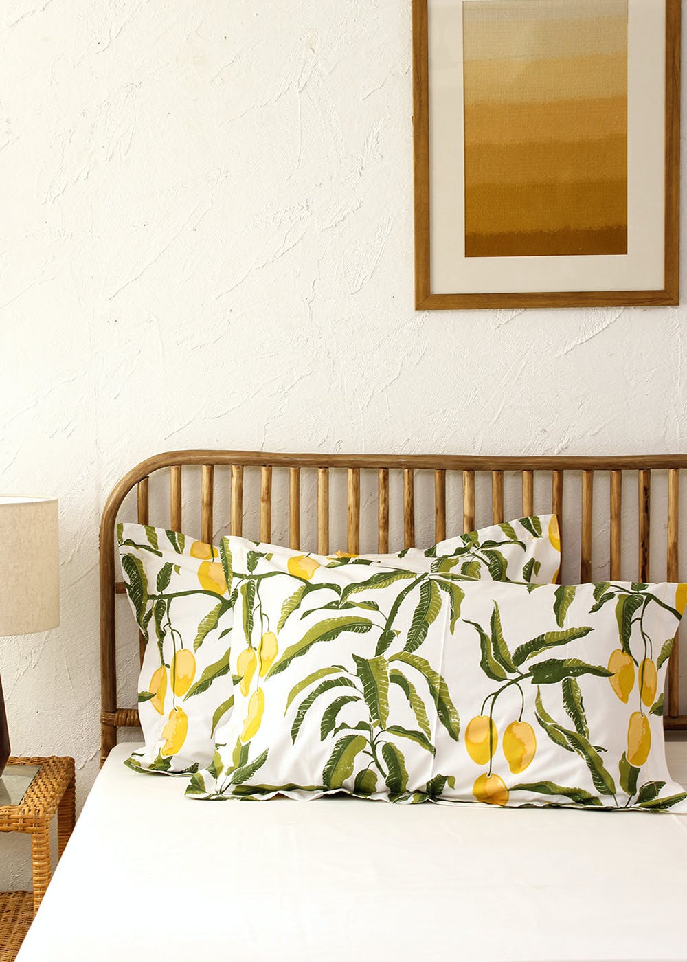 Yellow Mango Printed White Pillow Cover - Set of 2