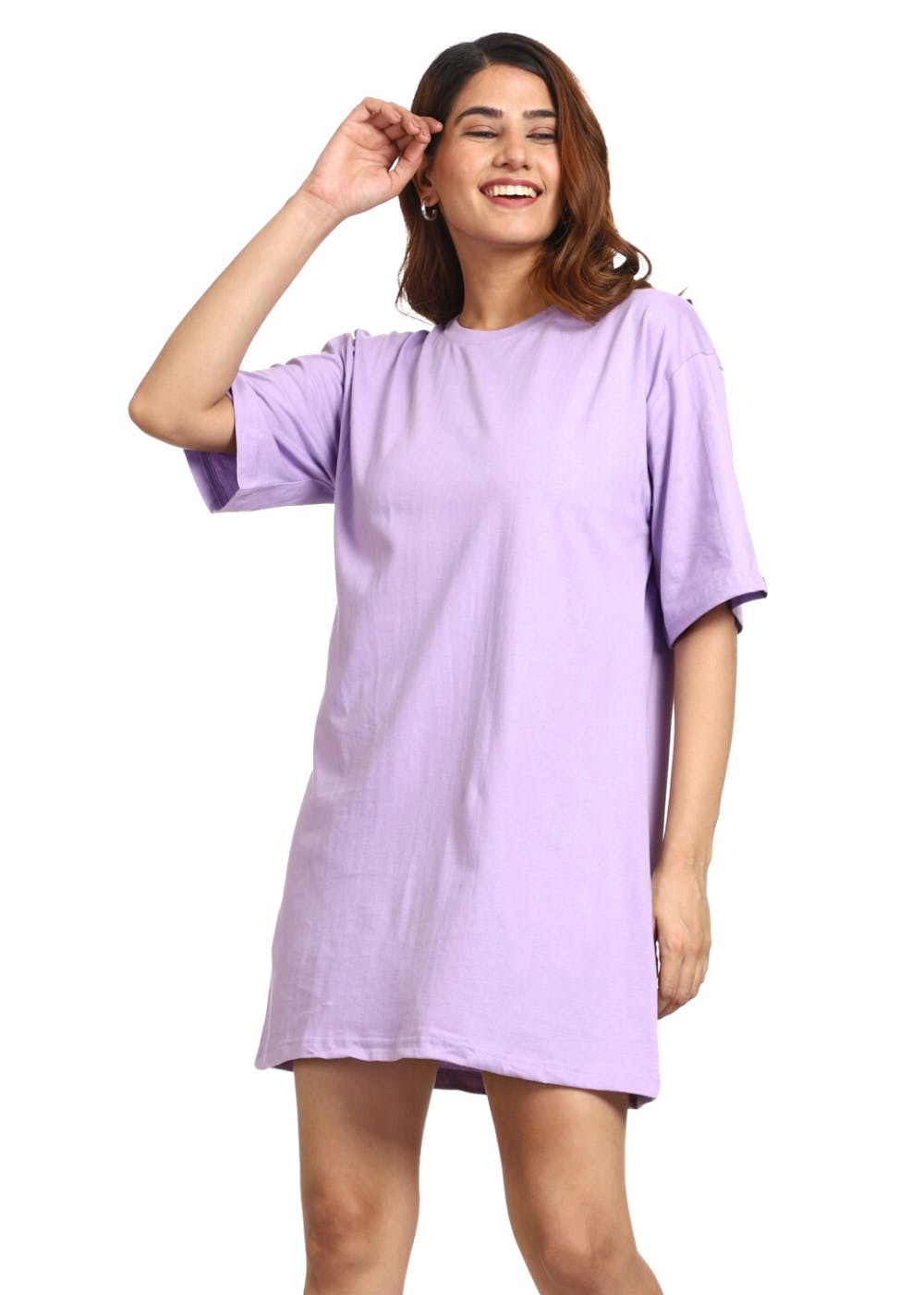 Solid Basic Cotton Round Neck Play Dress - Lilac