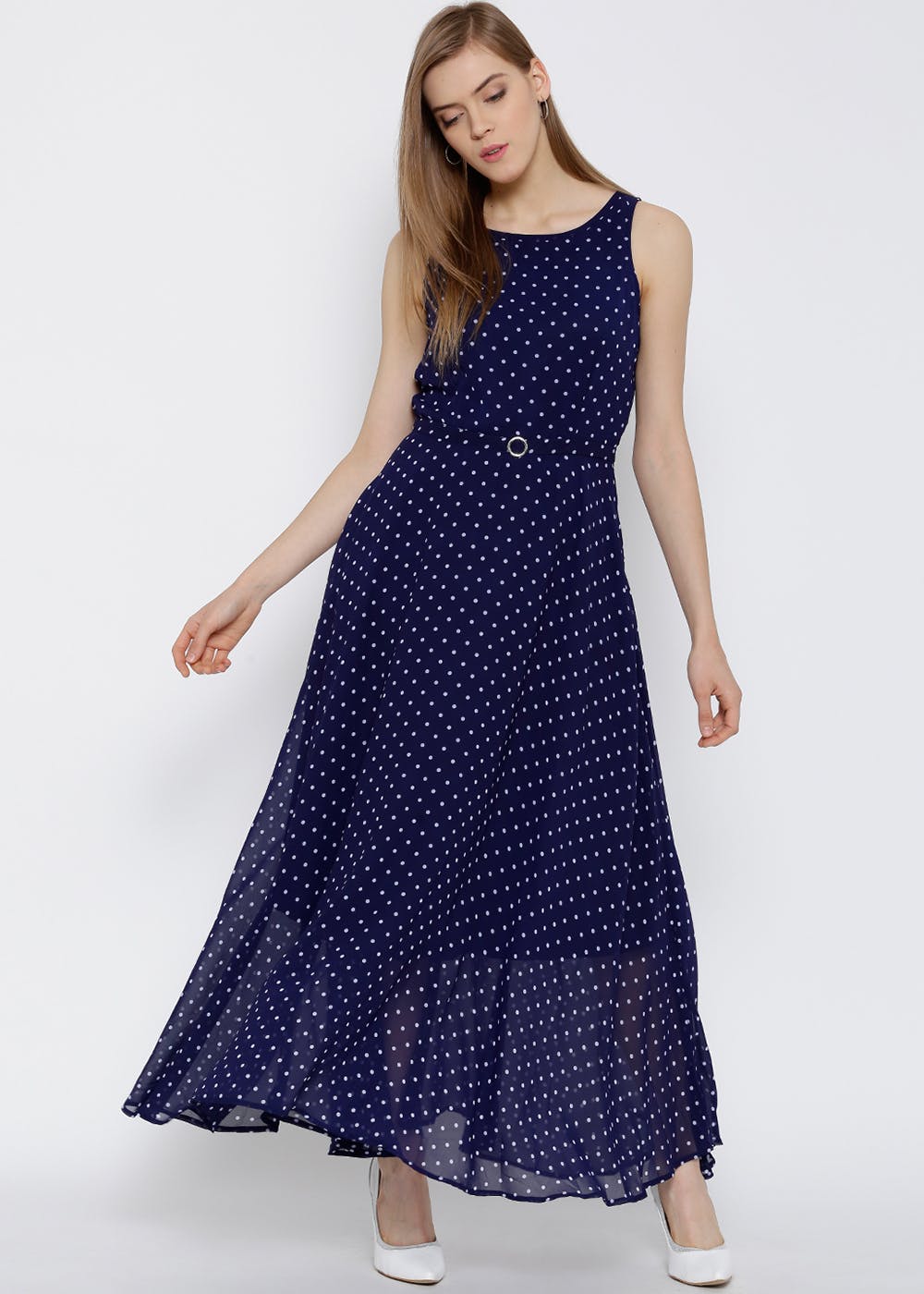 Polka Dots Printed Sleeveless Solid Maxi Dress - Navy
