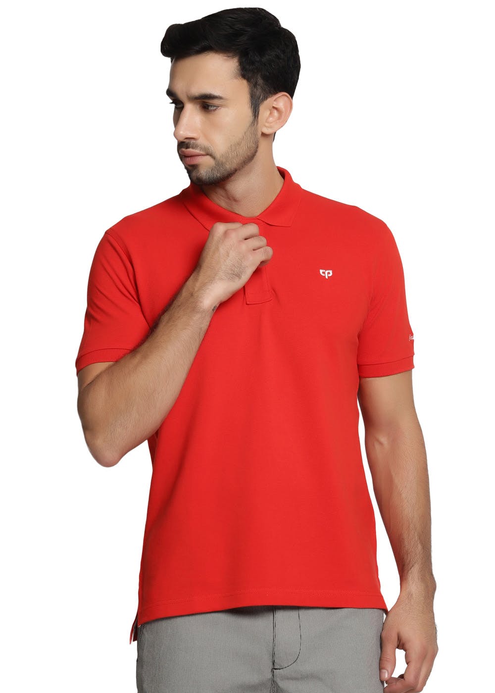 Straight Hem Detail Solid Basic Polo Neck T-Shirt - Red