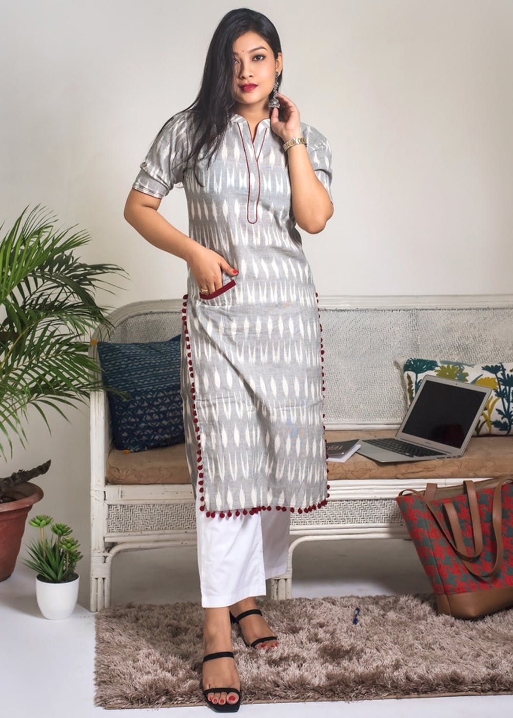 Get Pom-Pom Detail Grey Ikat Kurta With White Pants Set at ₹ 1495 ...