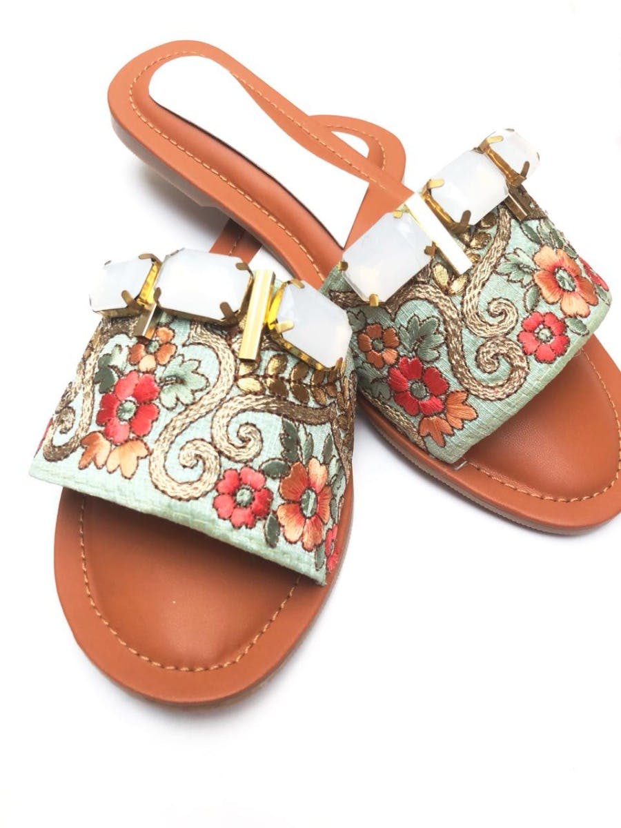 Get Multicolour Floral Embroidered Slides at ₹ 1403 LBB Shop