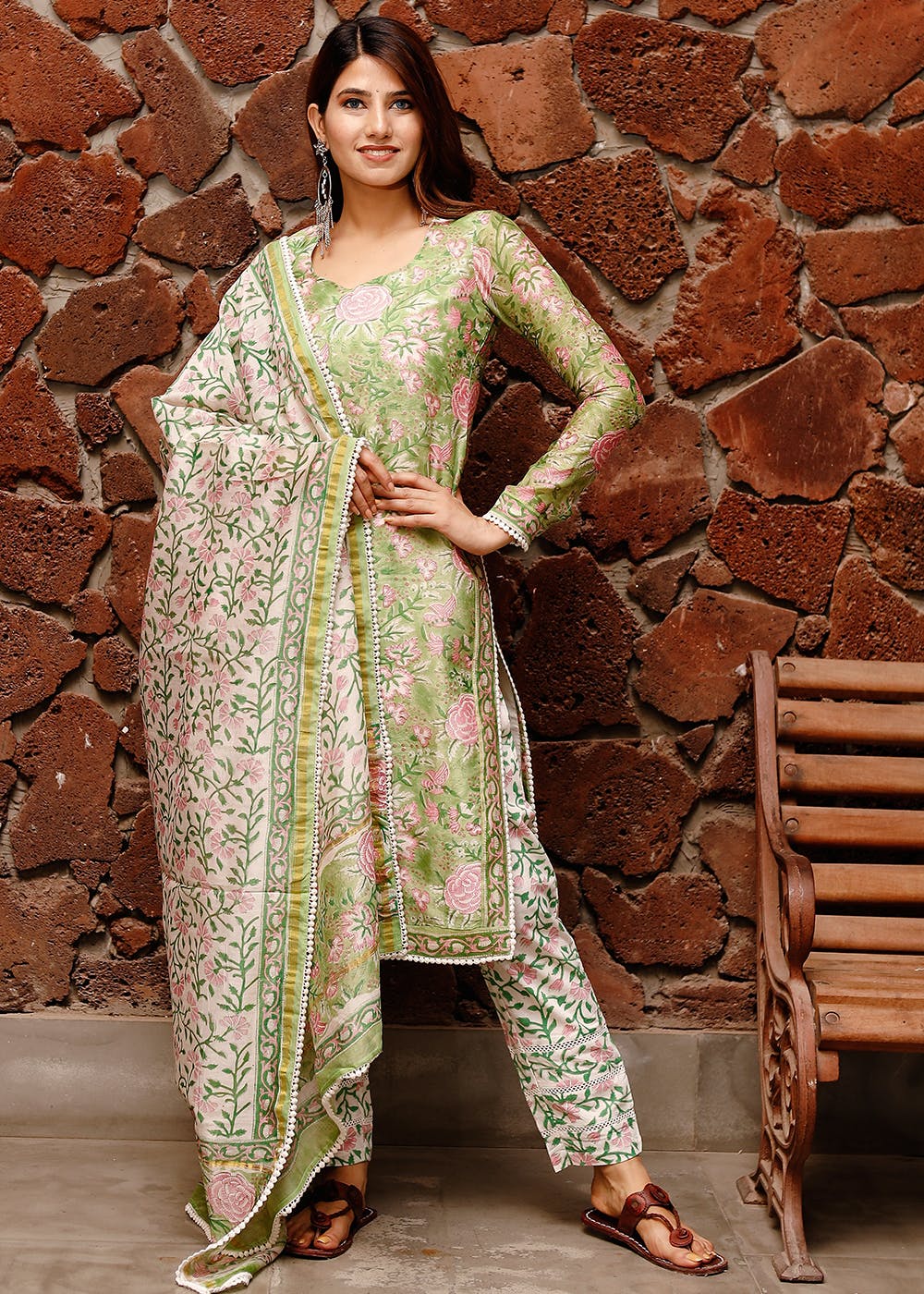 Get Shiny Green Block Print Chanderi Suit set at ₹ 2804 LBB Shop