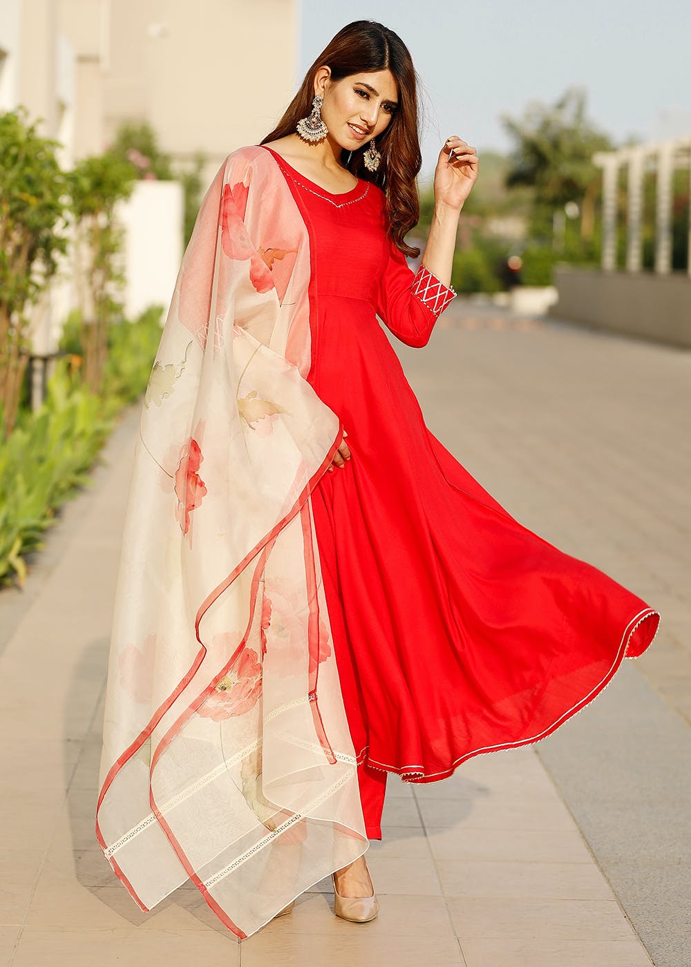 Scarlett Red Flared Kurta With Hand Pant Floral Organza Dupatta Suit Set