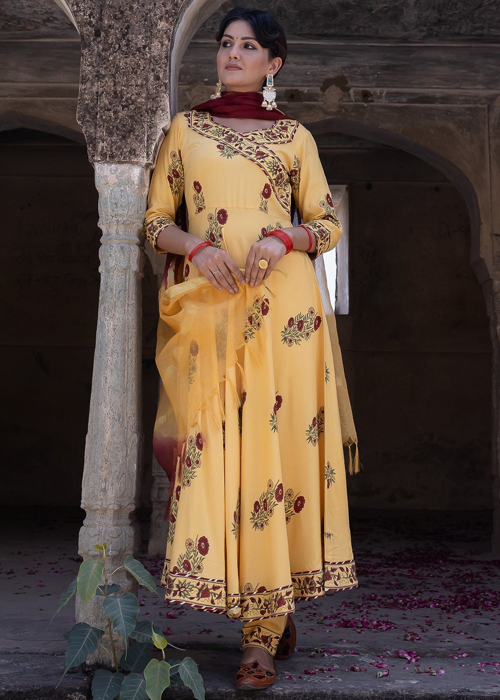 Ambi - Hand Block Print Carmine Red Paisley Mulmul Anarkali Suit Set with Dupatta - Set of 3