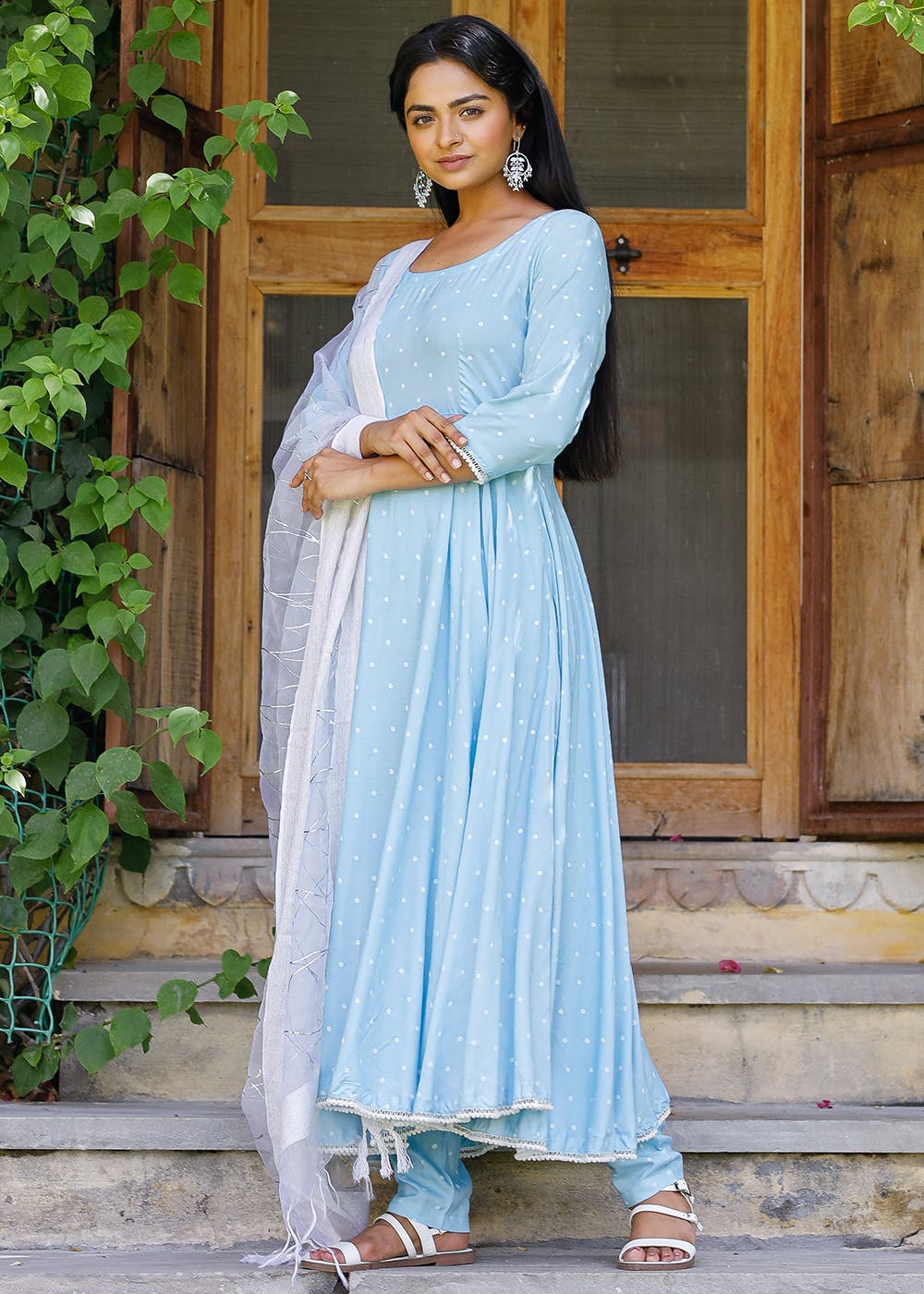 Get Blue Polka Anarkali Suit Set With Tissue Fabric Dupatta at ₹ 2799 | LBB  Shop