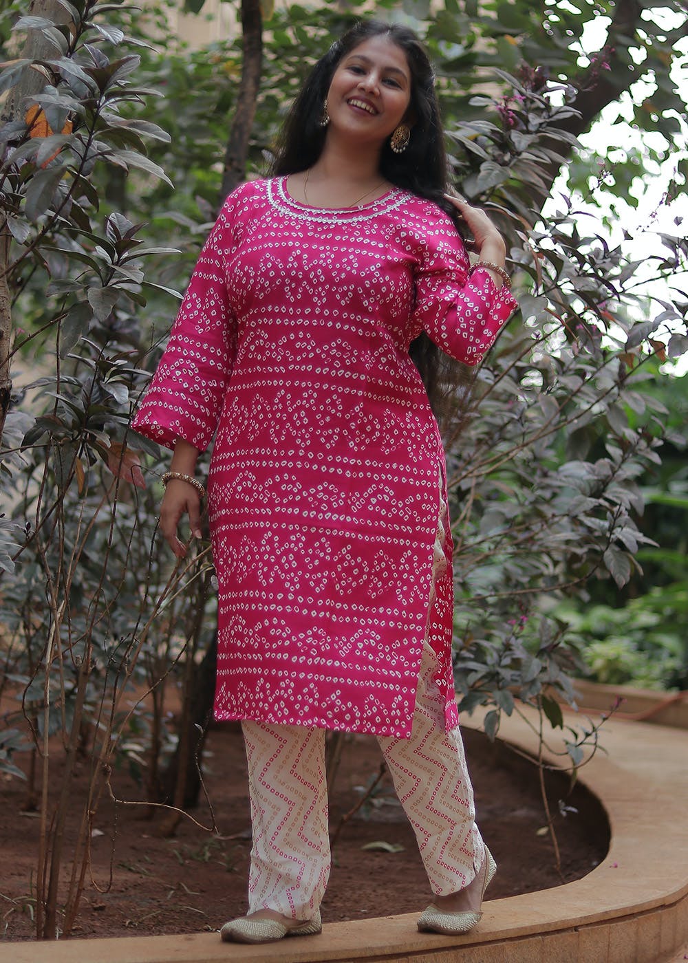 Bandhej Printed Kurta with Pants Set - Pink