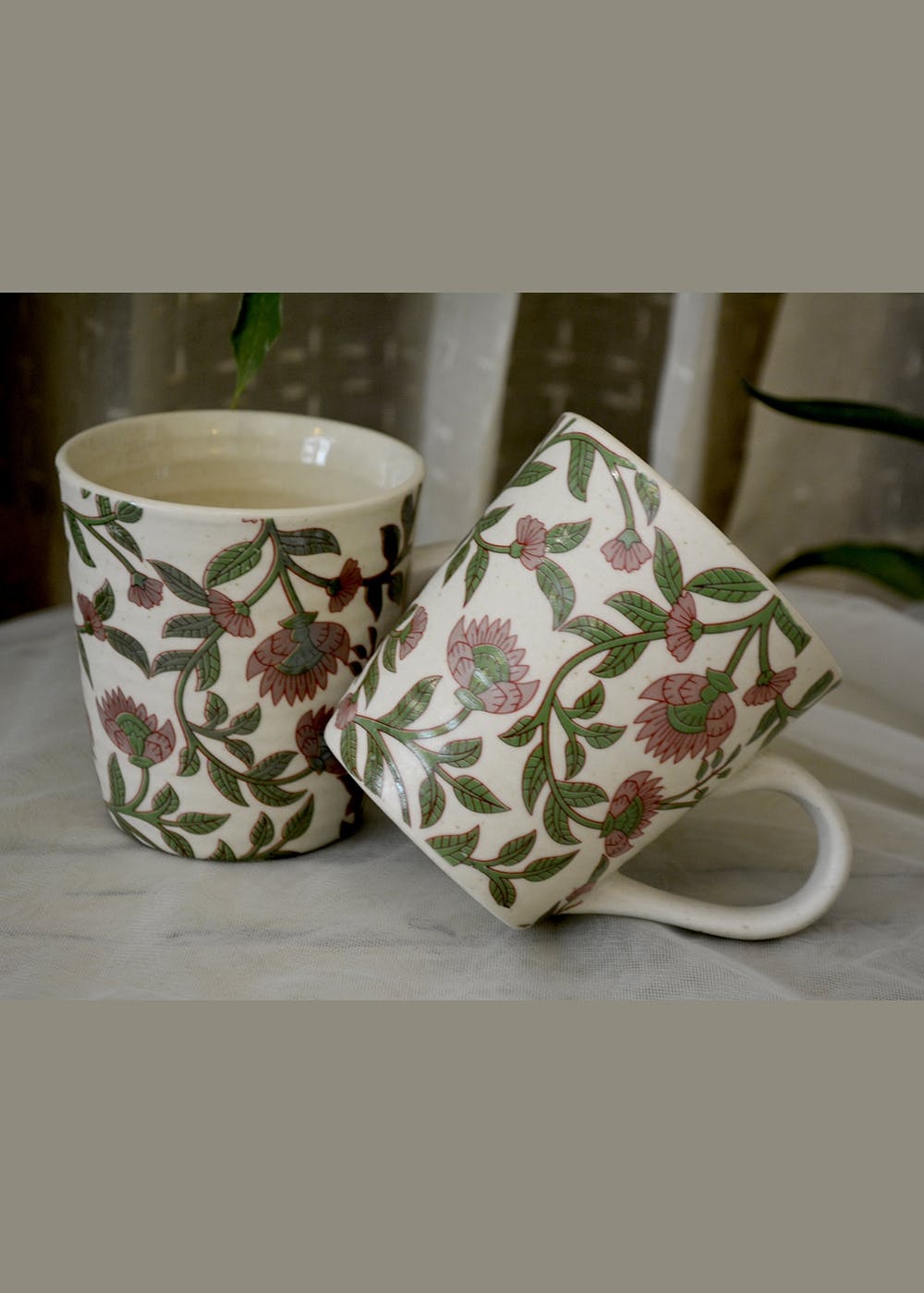 Pink Flower Stoneware Mugs (Set of 2)