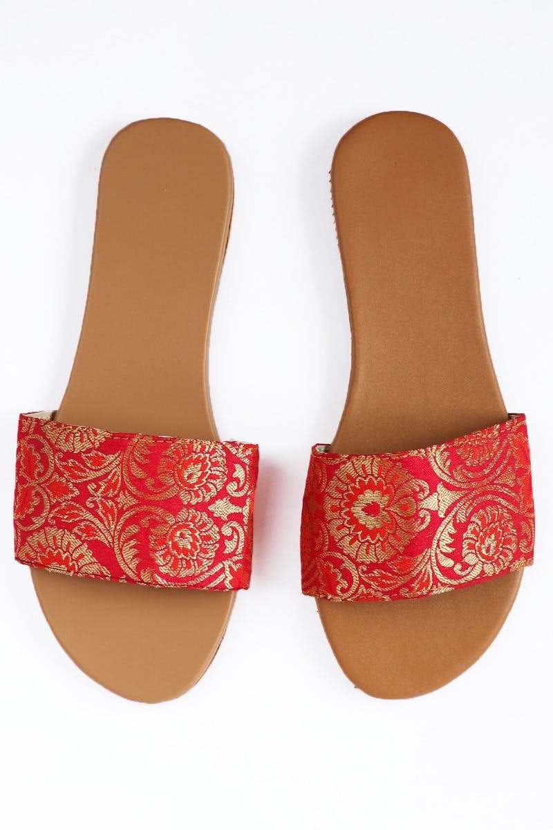 Coral Zari Paisley Slides
