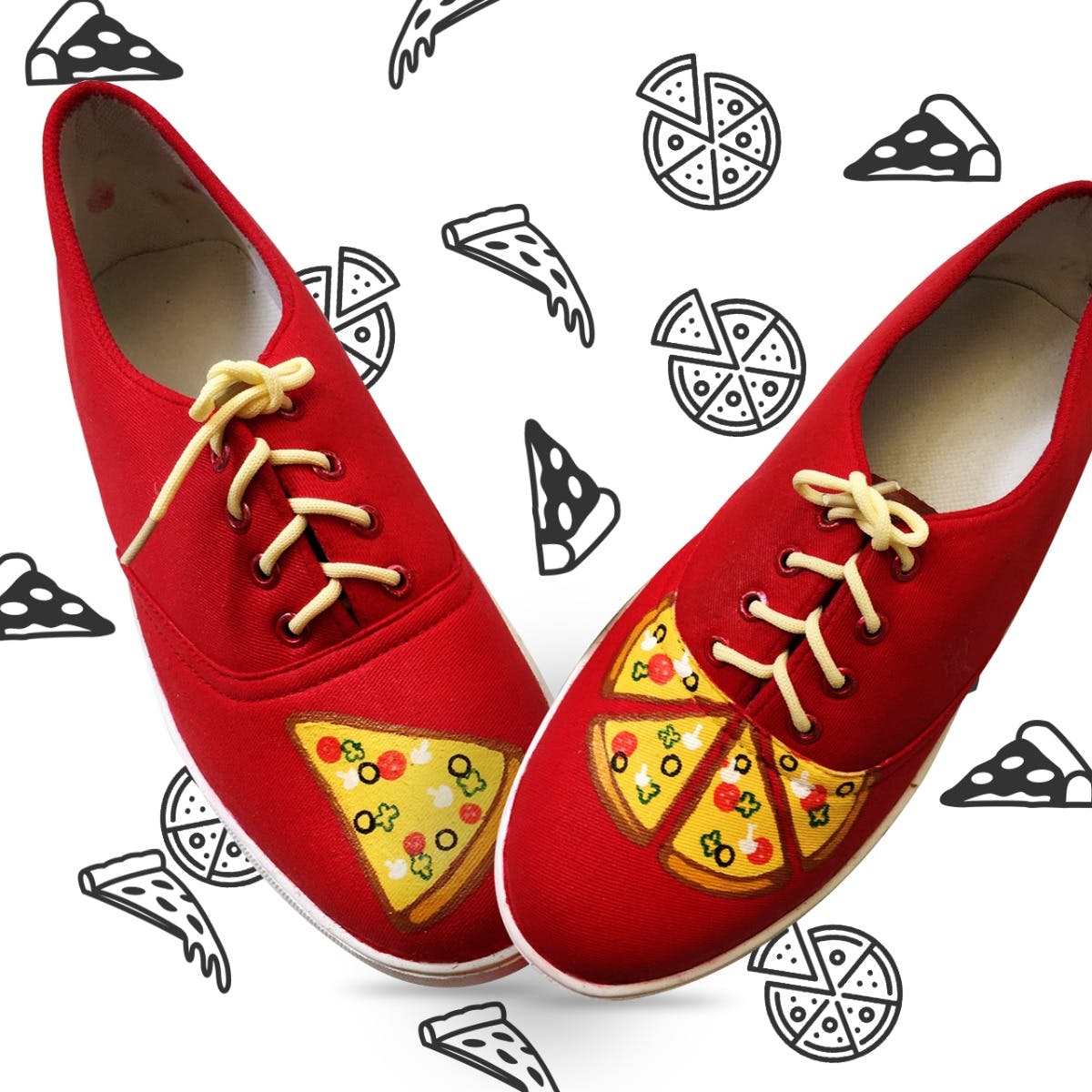 Red Hand-Painted Pizza Sneakers
