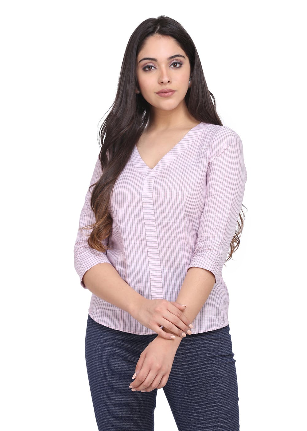 Get Light Pink Cotton with Linen Striped Top at ₹ 1500 | LBB Shop