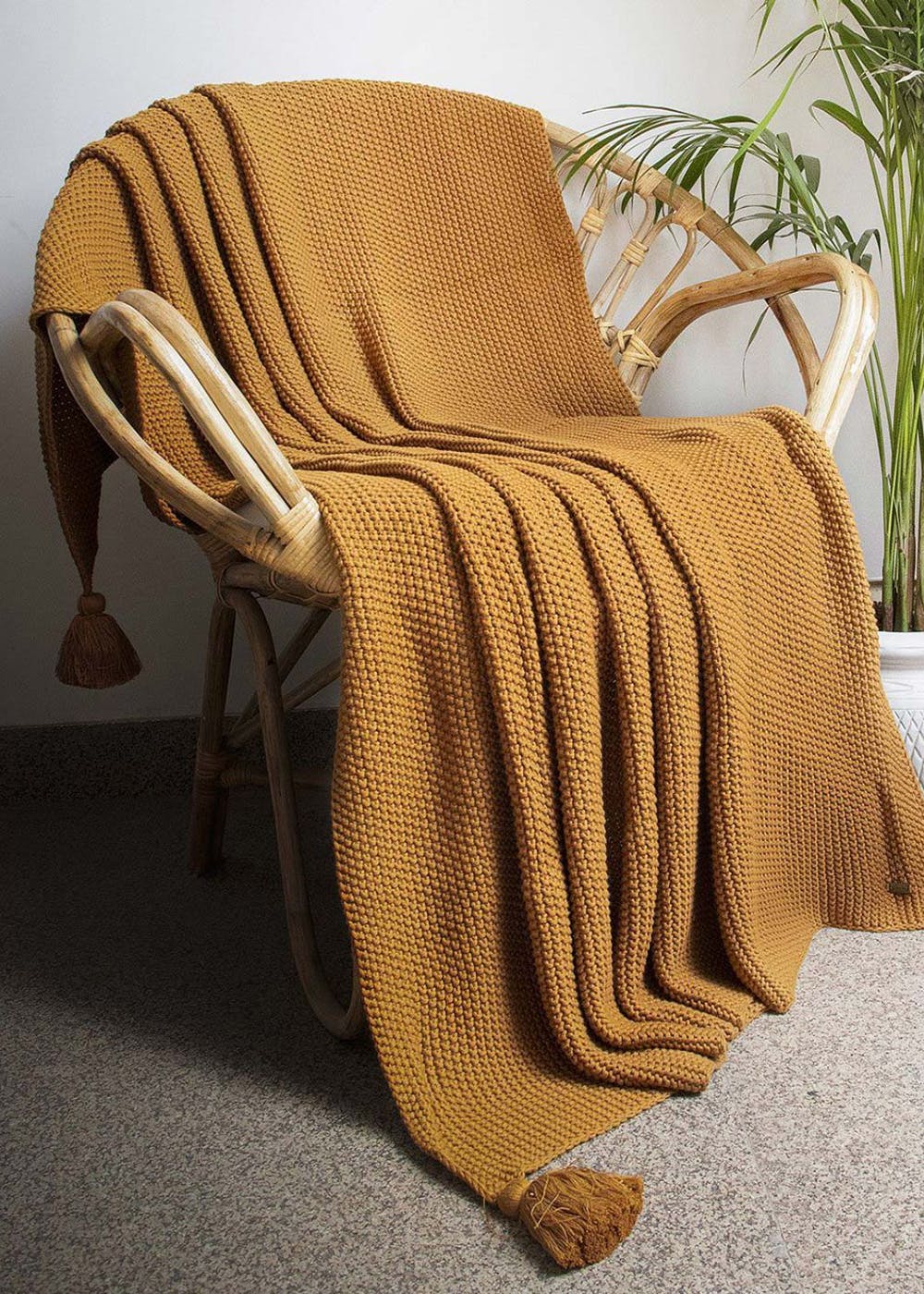 Get Chunky Seed Stitch Mustard 100 Cotton Knitted All Season Ac