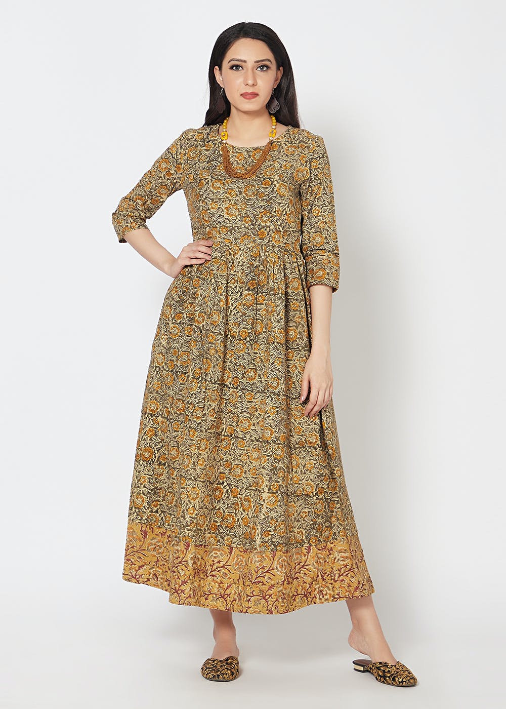 Get Handblock Print Kalamkari Cotton A-Line Maxi Dress at ₹ 1650 | LBB Shop