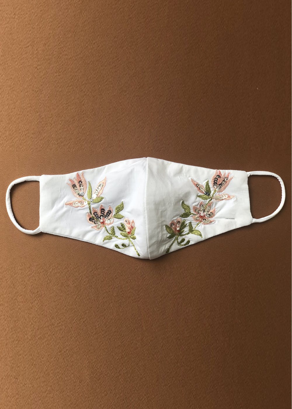 Contrast Floral Embroidered Ivory Face Mask - 3 Ply