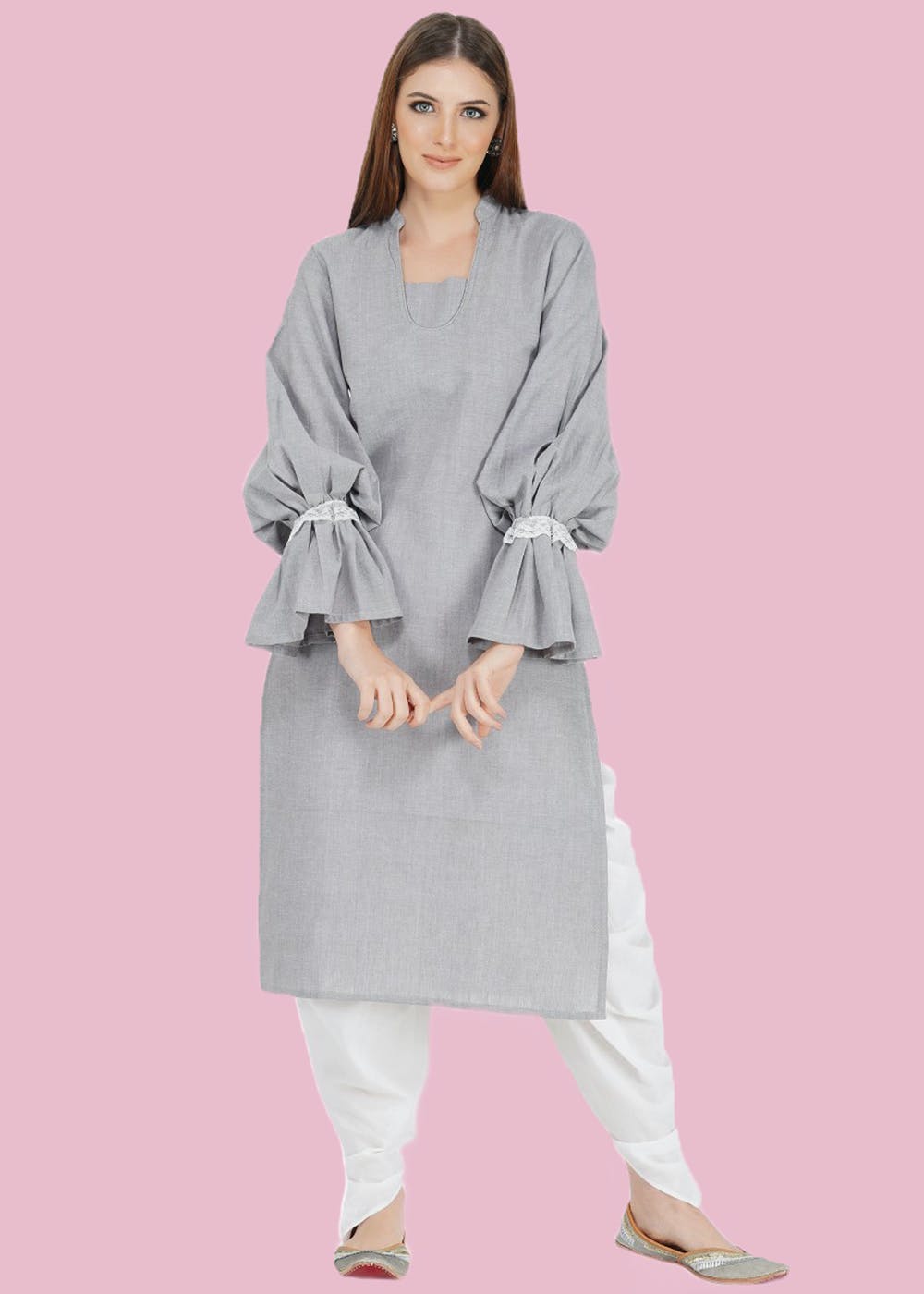 Get Grey Chambray Straight Balloon Sleeves Kurta With Dhoti Salwar Set