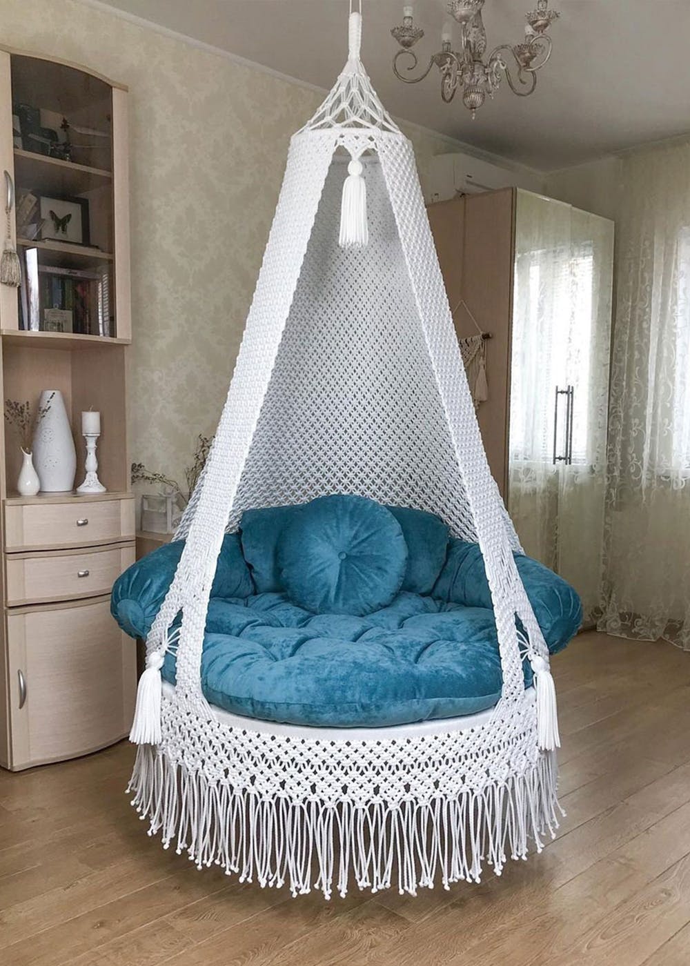 Get White And Blue Macramé Hammock Swing Chair with Velvet Sitting
