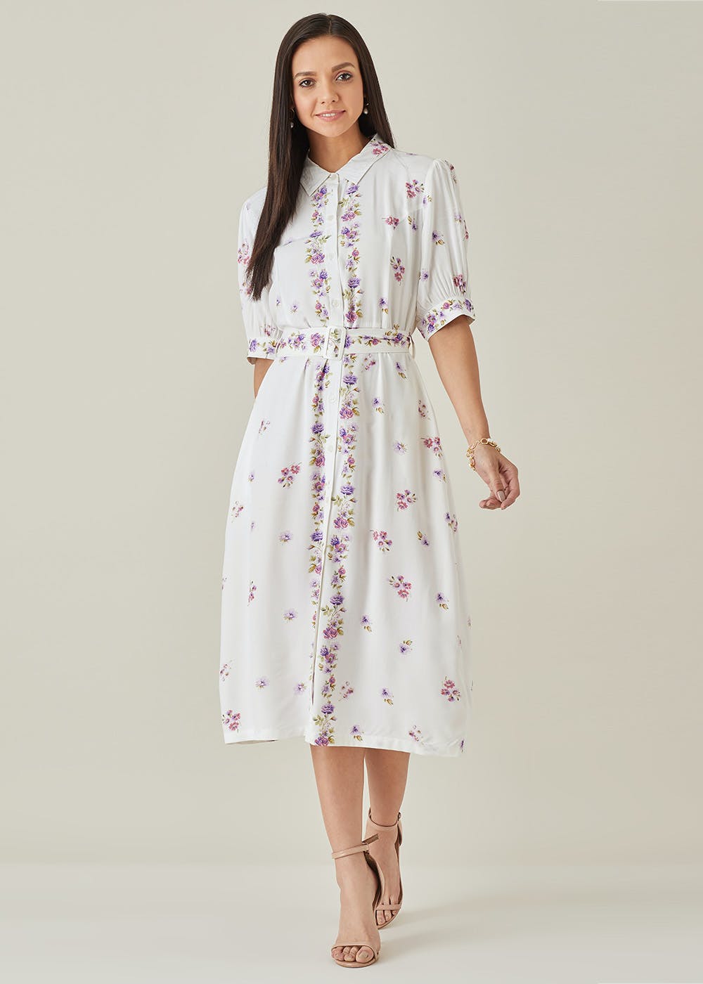 Floral Printed White Dress With Belt