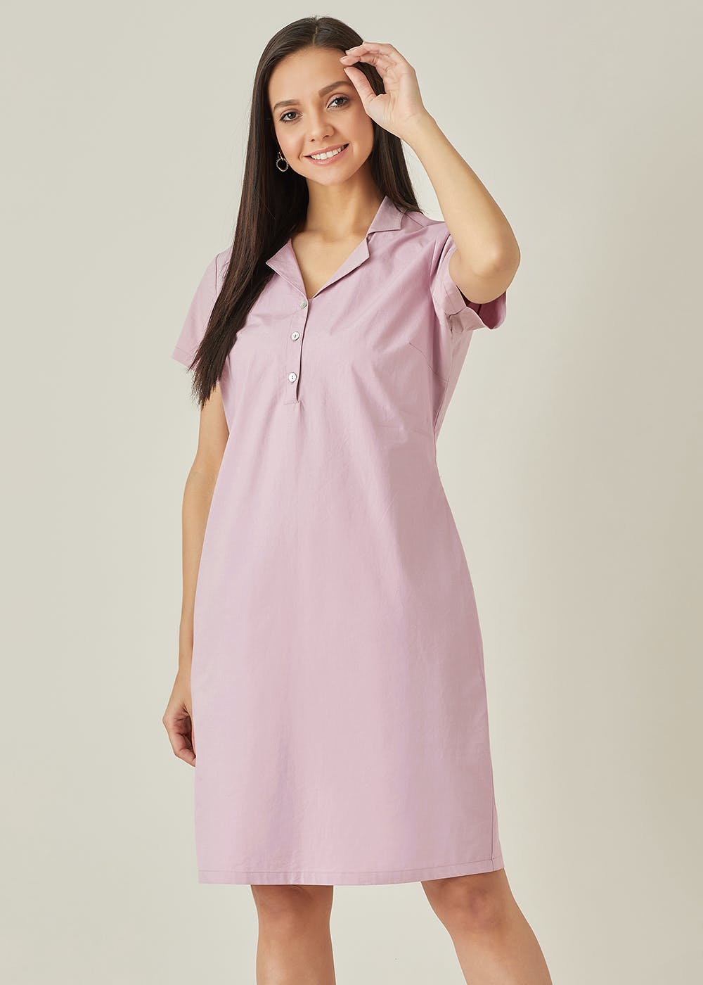 Basic Solid Cotton Shirt Dress - Pink