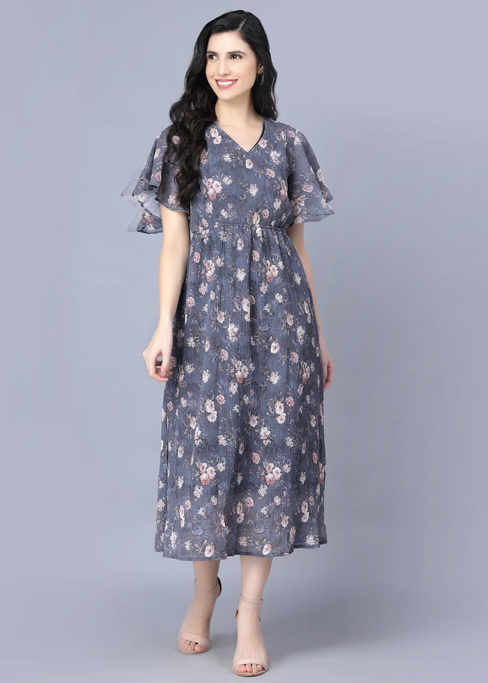 Get Women Grey Floral Midi Dress at ₹ 1380 | LBB Shop