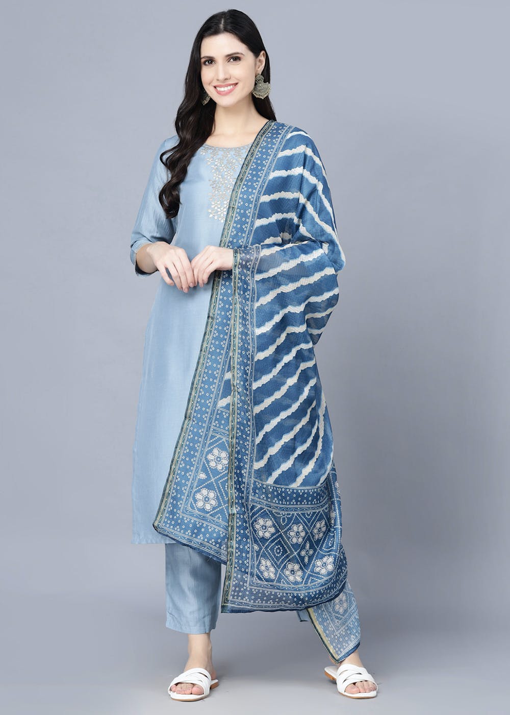 Get Women Blue Ethnic Motifs Panelled Kurta with Trousers With Dupatta ...