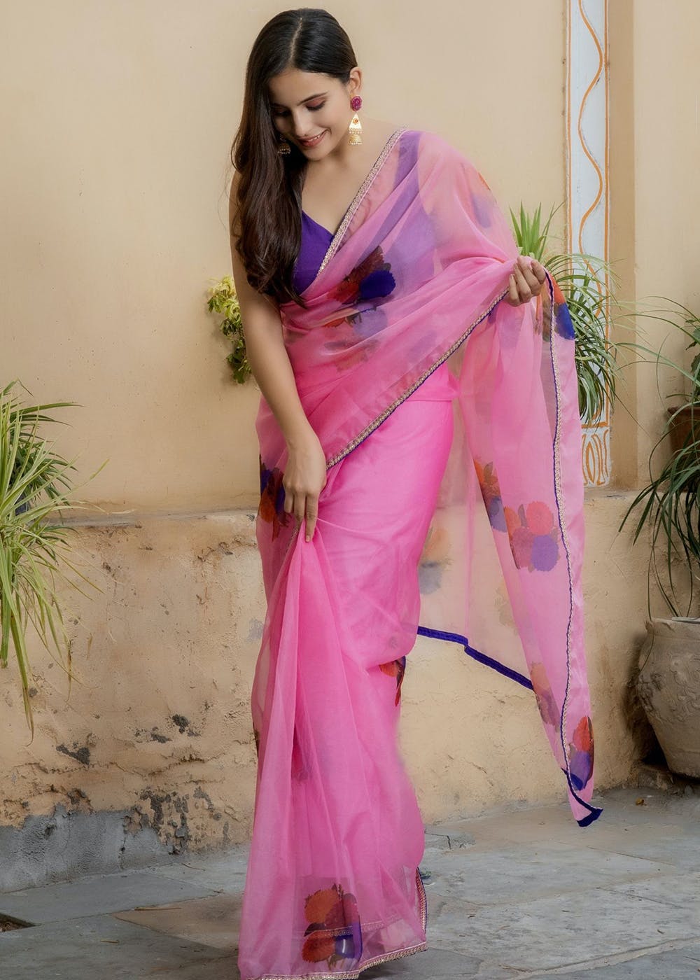 Buy Latest Pink Handpainted Organza Saree Online | Mirra clothing