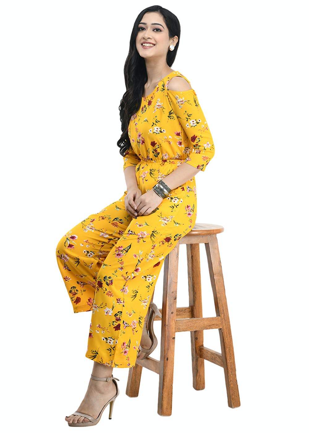 Scrunch Waist Detail Yellow Floral Printed Jumpsuit