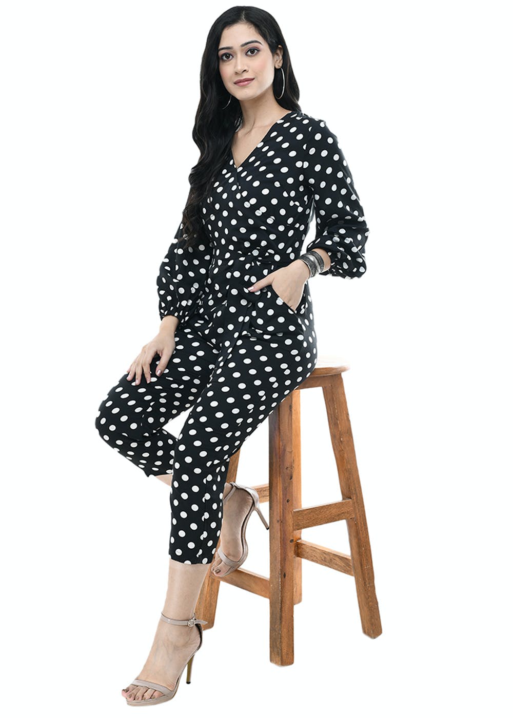 Get Cuffed Sleeve Detail Black Polka Dots Jumpsuit At 699 Lbb Shop