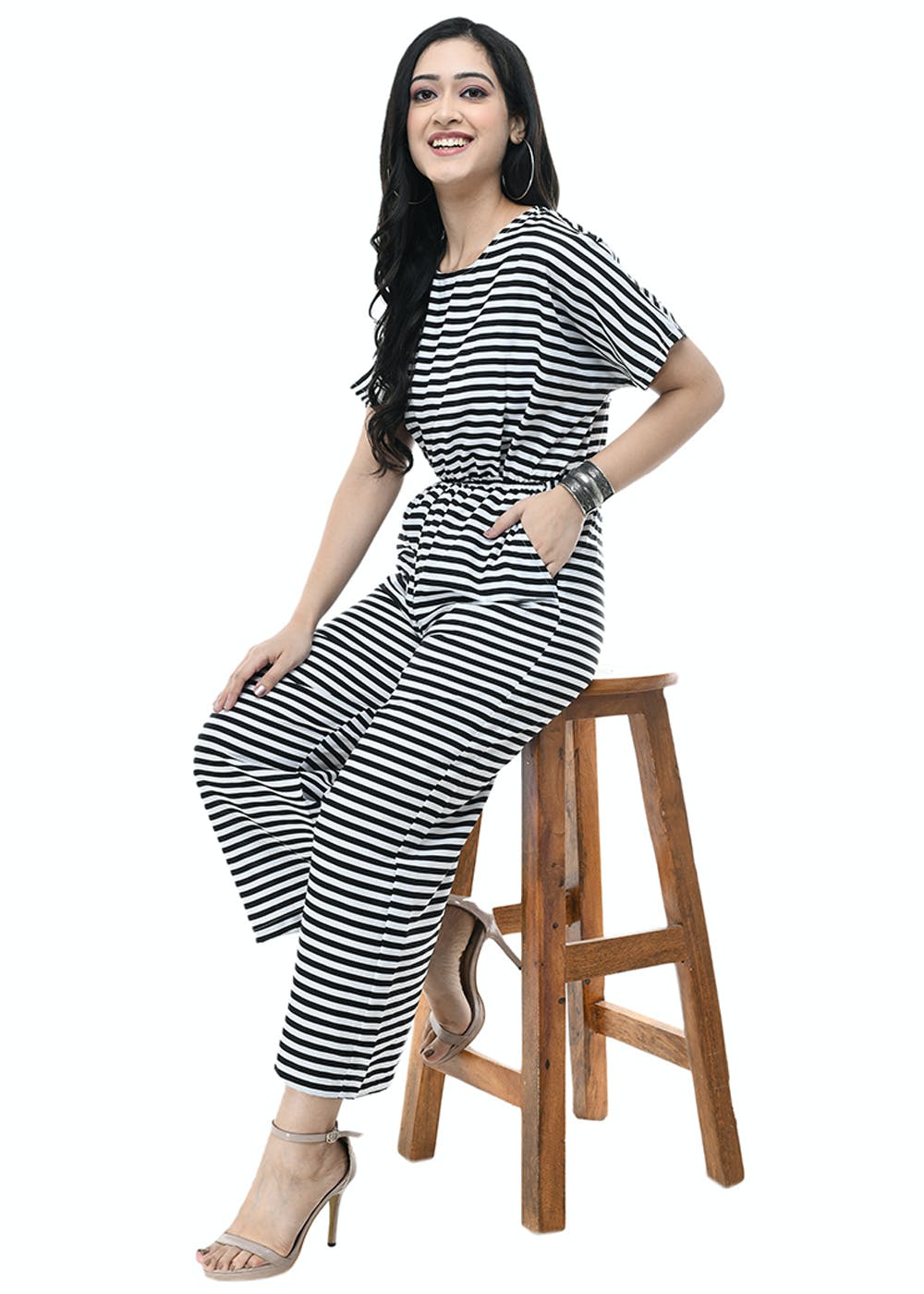 Scrunch Waist Detail Monochrome Striped Jumpsuit