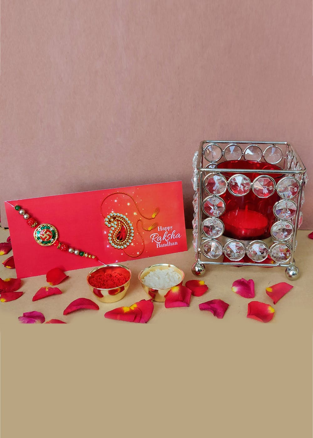 Get Rakhi With Crystal Red Square Candle Stand Gift Set at ₹ 899 LBB Shop